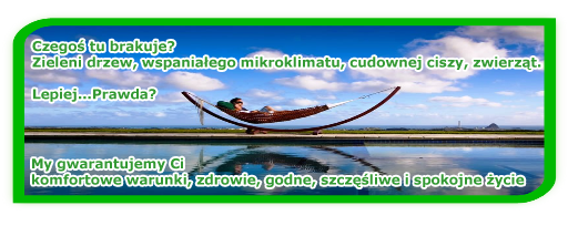 Czegoś na fot. powyżej brakuje? Zieleni drzew, wspaniałego mikroklimatu, cudownej ciszy, zwierząt. Lepiej...Prawda? My gwarantujemy Ci komfortowe warunki, zdrowie, godne, szczęśliwe i spokojne życie